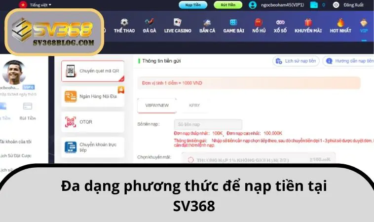 Đa dạng phương thức để nạp tiền tại SV368